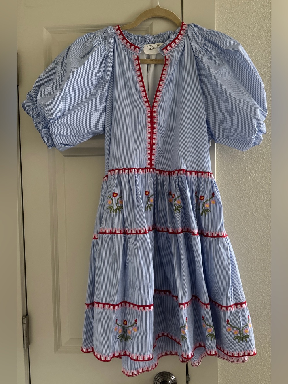 Hyacinth House Blue Embroidered Tiered Dress with Red Trim and Floral Embroidere